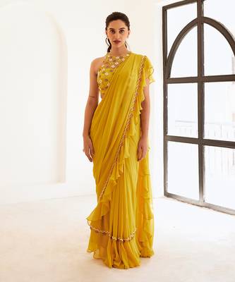 Yellow predraped frill saree set 1
