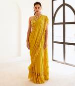 Yellow predraped frill saree set