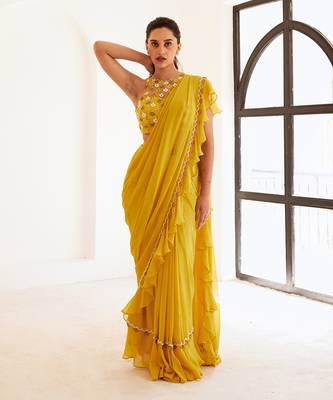 Yellow predraped frill saree set 2