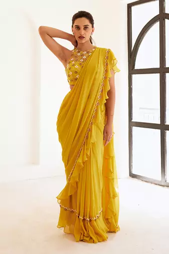 Yellow predraped frill saree set