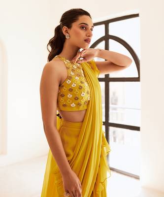 Yellow predraped frill saree set 3