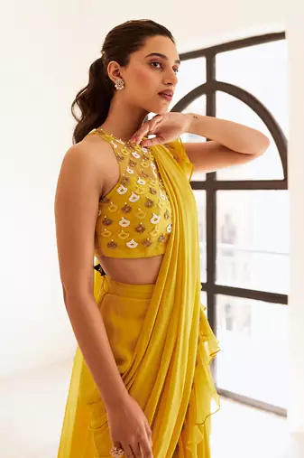 Yellow predraped frill saree set