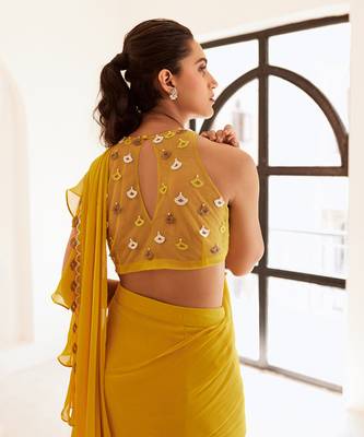 Yellow predraped frill saree set 4