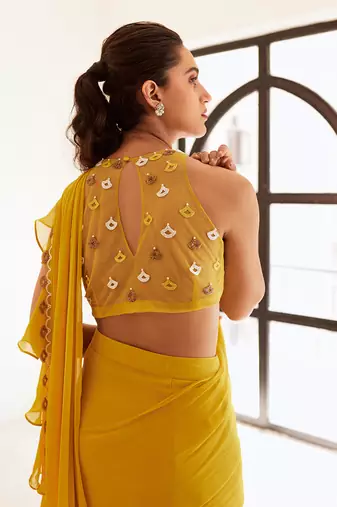 Yellow predraped frill saree set