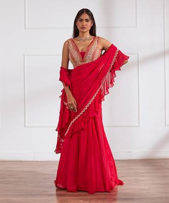 Coral red lehenga saree set 1