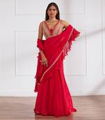Coral red lehenga saree set