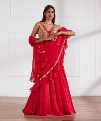 Coral red lehenga saree set 2
