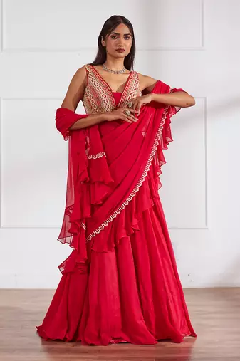Coral red lehenga saree set