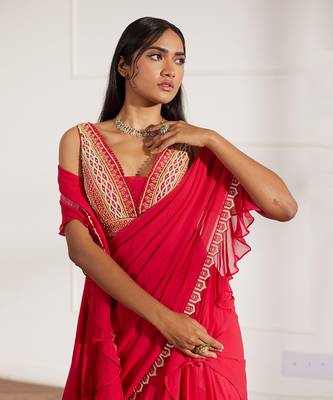 Coral red lehenga saree set 3