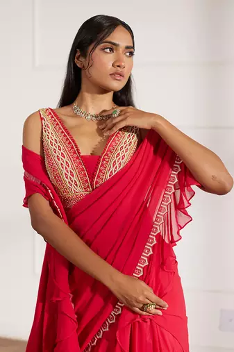 Coral red lehenga saree set