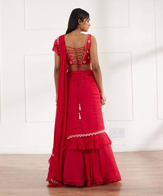 Coral red lehenga saree set 4