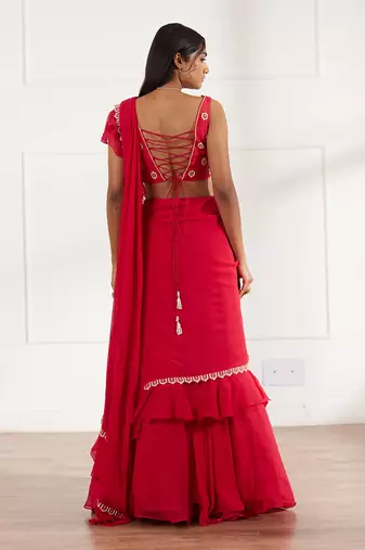 Coral red lehenga saree set