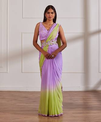 Lavender and green ombre pre draped saree set 1