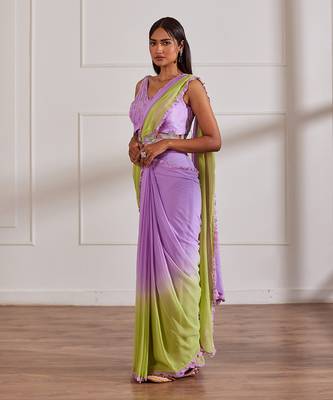 Lavender and green ombre pre draped saree set 2