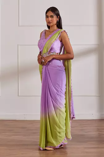 Lavender and green ombre pre draped saree set