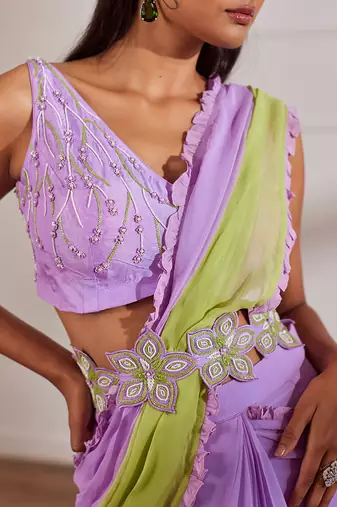 Lavender and green ombre pre draped saree set