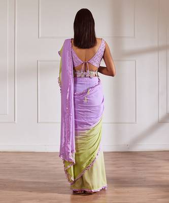 Lavender and green ombre pre draped saree set 4
