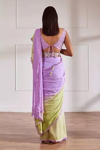 Lavender and green ombre pre draped saree set