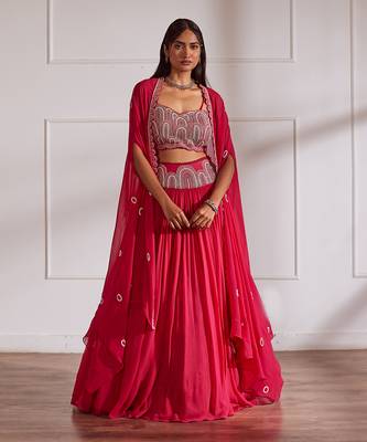 Fuscia Lehanga Set With Cape 2