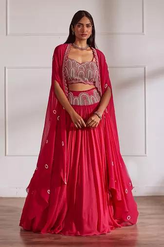 Fuscia Lehanga Set With Cape