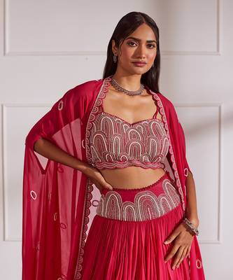 Fuscia Lehanga Set With Cape 3