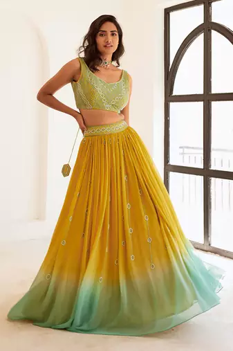 Yellow And Blue Ombre Lehenga Set