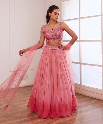 Peachish Pink And Dark Pink Ombre Lehenga Set 1