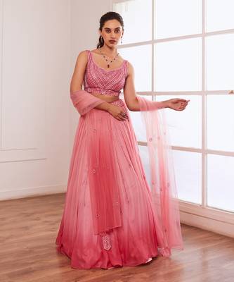 Peachish Pink And Dark Pink Ombre Lehenga Set 2