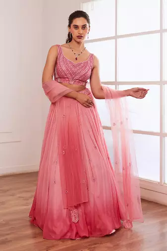 Peachish Pink And Dark Pink Ombre Lehenga Set