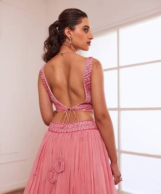 Peachish Pink And Dark Pink Ombre Lehenga Set 4