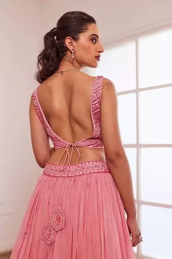 Peachish Pink And Dark Pink Ombre Lehenga Set