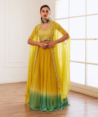 Yellow And Blue Ombre Lehenga Set With Cape 1