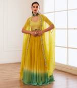 Yellow And Blue Ombre Lehenga Set With Cape
