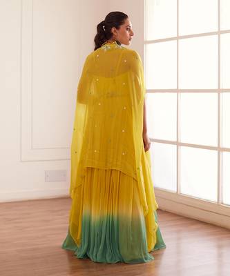 Yellow And Blue Ombre Lehenga Set With Cape 2
