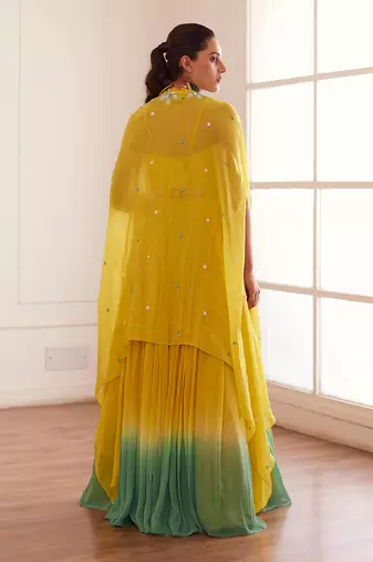 Yellow And Blue Ombre Lehenga Set With Cape