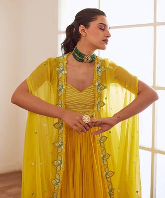 Yellow And Blue Ombre Lehenga Set With Cape 3