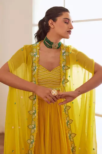 Yellow And Blue Ombre Lehenga Set With Cape