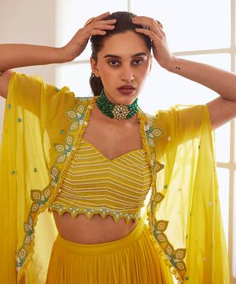 Yellow And Blue Ombre Lehenga Set With Cape 4
