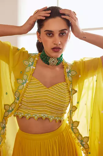 Yellow And Blue Ombre Lehenga Set With Cape