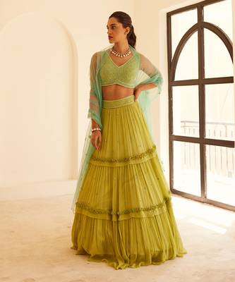 Green Lehenga Set With Blue Dupatta 1