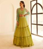 Green Lehenga Set With Blue Dupatta