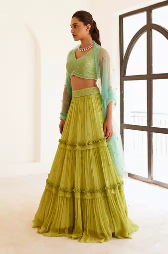 Green Lehenga Set With Blue Dupatta