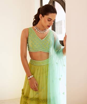 Green Lehenga Set With Blue Dupatta 3