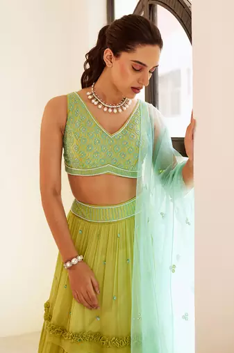 Green Lehenga Set With Blue Dupatta