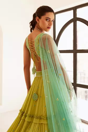 Green Lehenga Set With Blue Dupatta