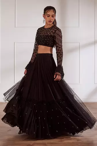 Black Choli With Layered Lehenga Set