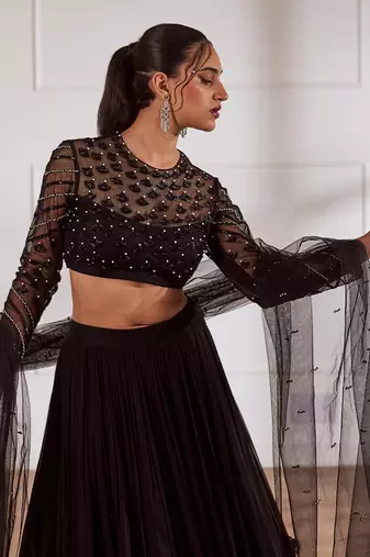 Black Choli With Layered Lehenga Set
