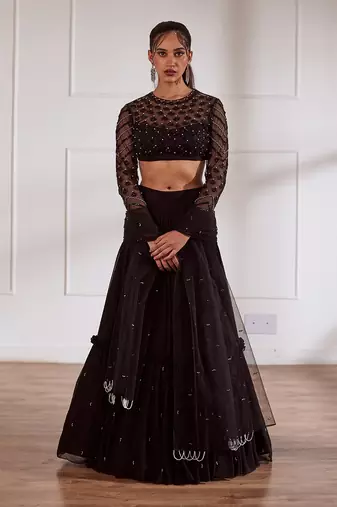 Black Choli With Layered Lehenga Set