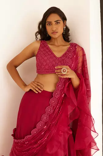 Plum Lehenga Saree Set