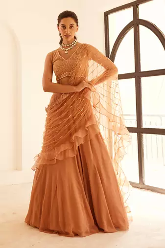 Beige Lehenga Saree Set